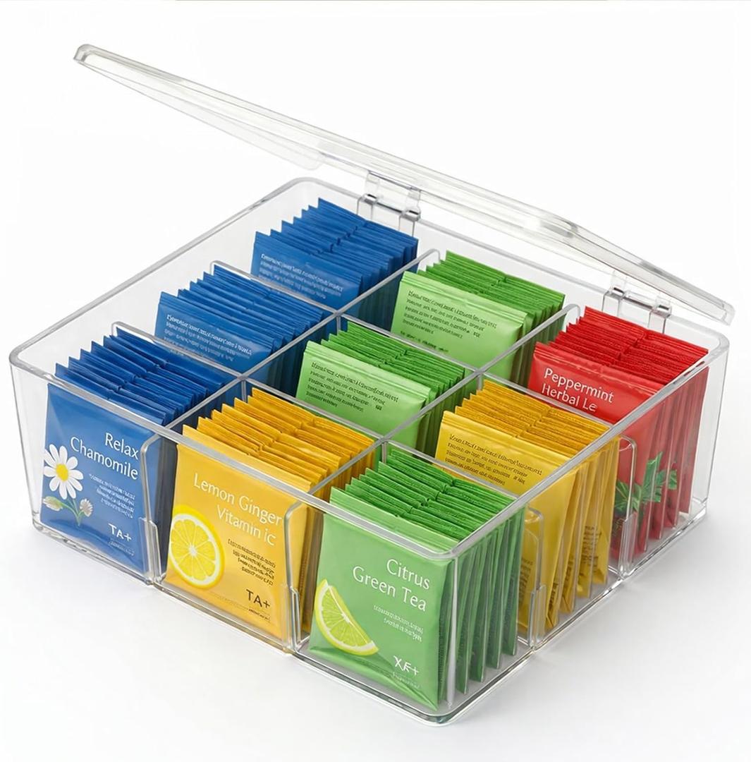 Tea Bag Organizer with Lid: Clear Acrylic Holder for Countertop Pantry, Stackable Drink Packet Storage Box - Tea Storage for 9 Types