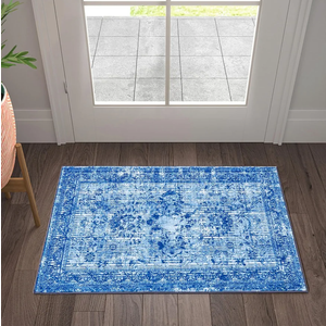 RoomTalks Boho Blue Washable Rug Thin Indoor Doormat 2x3 Entryway Entrance Small Rugs Non Slip Stain Resistant, Vintage Distressed Medallion Area Rugs Throw Carpet for Bathroom Laundry Kitchen