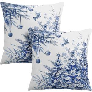 Wnoesat  Christmas Tree Pillow Covers 18x18 Set of 2 Winter Blue White Chinoiserie Christmas Decorative Outdoor Throw Pillow Cases Farmhouse Xmas Holiday Pillowcase for Sofa Couch Porch,  Blue Christmas Tree