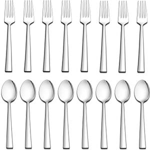 LIANYU 16-Piece Forks and Spoons Silverware Set, 8 Dessert Forks (6.7 Inch) and 8 Teaspoons (6.7 Inch), Stainless Steel Square Flatware Cutlery Set for Home Kitchen Hotel, Dishwasher Safe