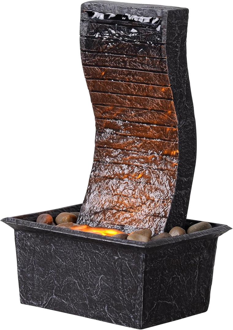 Curved Panel Tabletop Water Fountain LED - Lit - Unique Decorative Waterfall for Indoor/Outdoor Spaces, Home Office Garden Decoration with Ambient Lighting