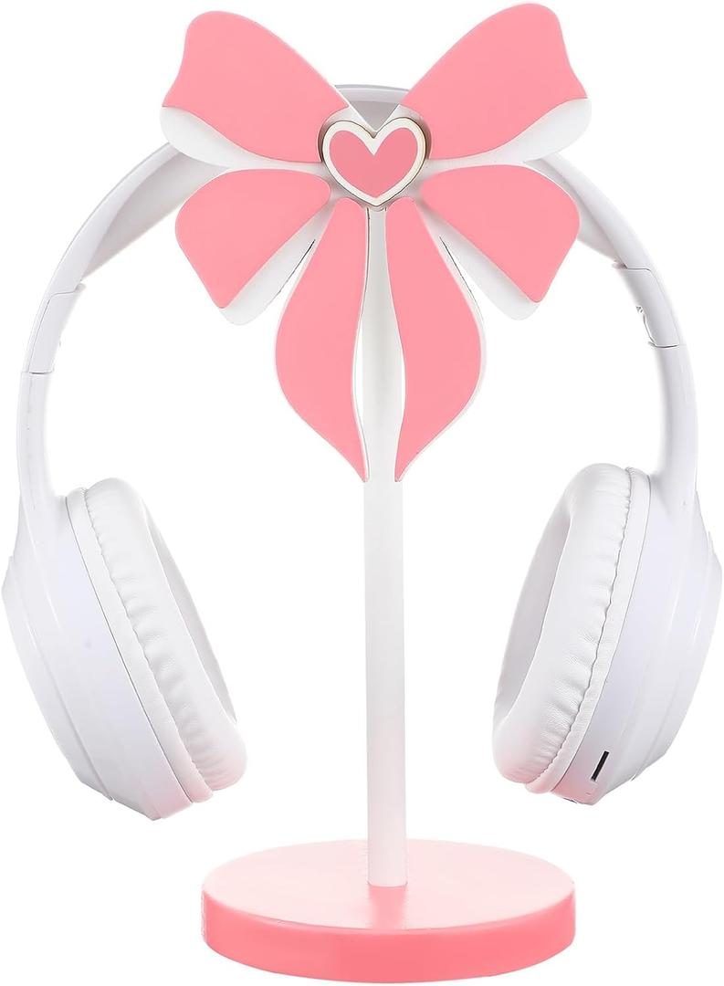 Kingdder Pink Bow Headphone Stand Cute Wood Headphone Stand Adorable Headset Holder Accessories Valentine's Day Gamer Gifts for Teenage Women Girlfriend Office Worker Wife Gamer Room Office Desk