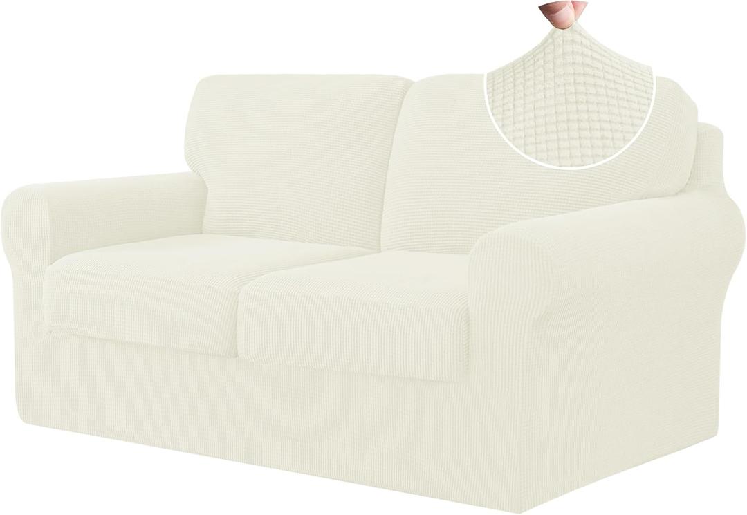 CHUN YI 5 Piece Loveseat Covers, Stretch Couch Covers for 2 Cushion Couch with Separate Backrest and Cushion Covers, Anti-Slip Washable Furniture Protector for Dogs Pets (Medium, Cream)