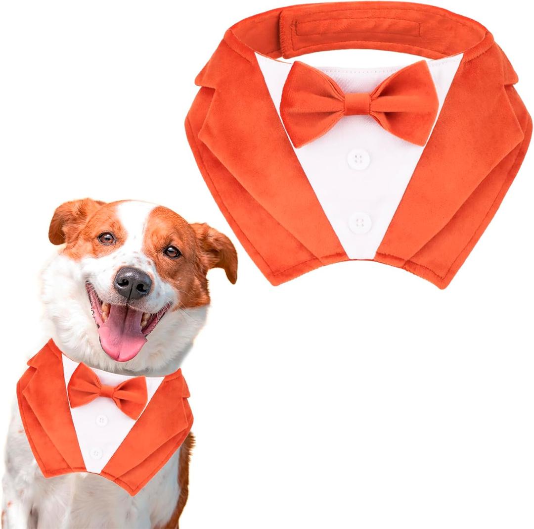 PTDECOR Fall Dog Tuxedo Bandana, Orange Collar with Bowtie, Adjustable Halloween Thanksgiving Dog Tux Costume for Large Pets(Large)