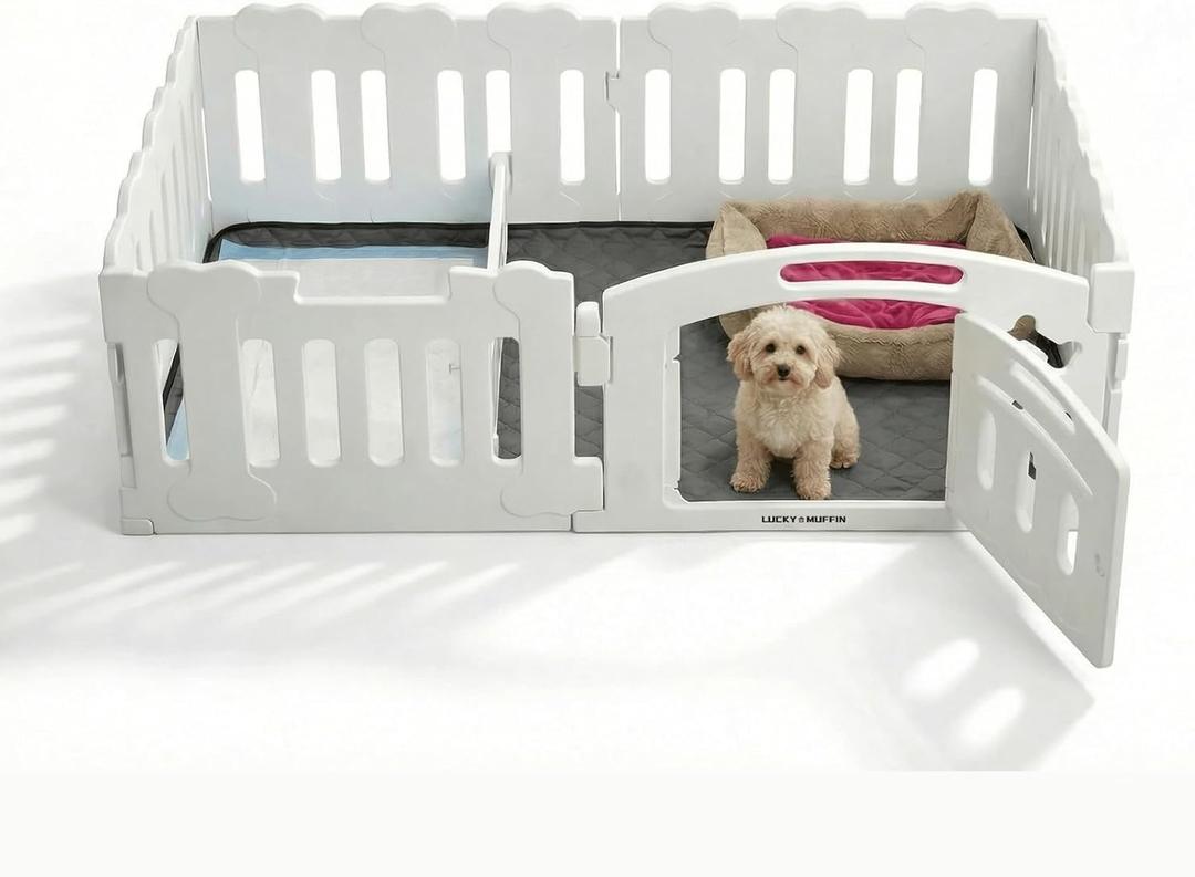 Dog Playpen with Divider & Washable Floor Pad, 6-Panel Indoor Puppy Playpen for Small Dogs & Puppies, 24" Tall Premium HDPE Panels, 61"x30"x24", Tool-Free Setup (White)