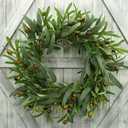 AMF0RESJ 20 inches Artificial Green Olive Wreath Greenery Wreath with Olive Leaves, Bean for Front Door Indoor Outdoor Farmhouse Home Wall Window Festival Wedding Decor, White Gift Box Included