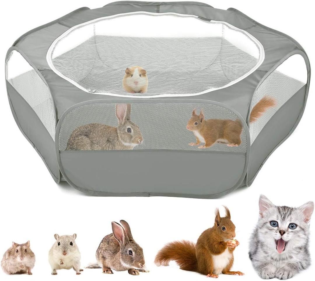Small Animals Playpen, Waterproof Breathable Indoor Pet Cage Tent with Zipper Cover, Portable Outdoor Exercise Yard Fence for Kitten Hamster Bunny Squirrel Guinea Pig Hedgehog, Gray