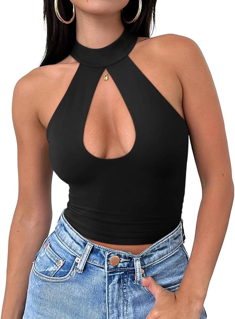 REORIA Women's Sexy Going Out Halter Neck Crop Tops Trendy Cut Out Sleeveless Y2K Nightout Clubwear Tank Tops (Medium, Black)