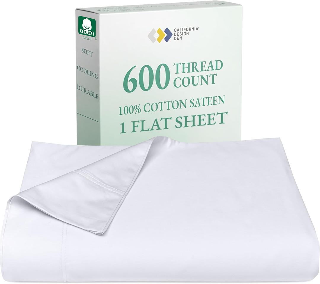 California Design Den Queen Size Flat Sheet Only - 100% Cotton, 600 Thread Count, 1 Piece Top Sheet, Extra Soft Bed Sheet, Breathable Sateen, Premium - Bright White