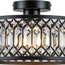 Rpzloila Crystal Ceiling Light Fixture, Modern Flush Mount Ceiling Light, Black Crystal Chandelier for Kitchen Bedroom Bathroom Entryway Hallway