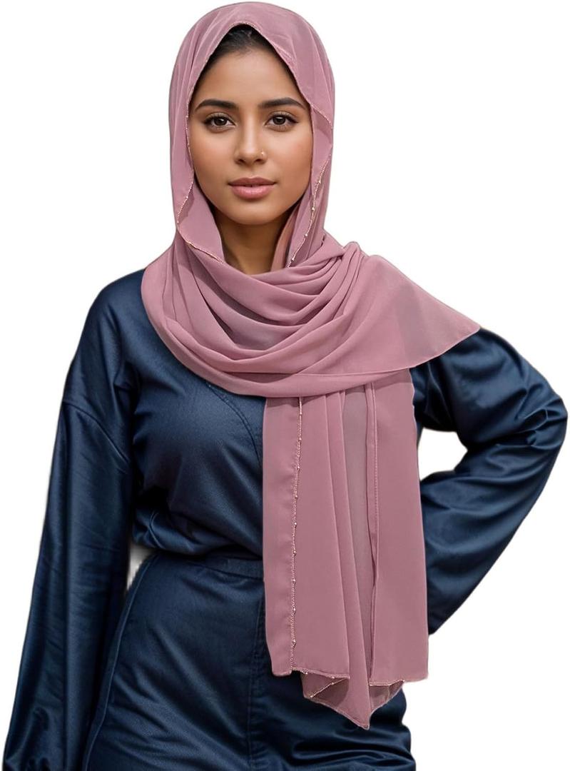 Fashion Chiffon Hijab For Women,Scarf With Gold Bead Chains Decorated Abaya Accessories Muslim Headscarf Shawl (Gray)