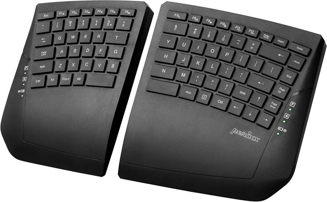 Perixx PERIBOARD-624B US, Wireless Ergonomic Split Keyboard - Up 30 Ft Separation - Adjustable Tilt Angle - Low Profile Membrane Keys - Black - US English