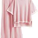 Faleave Womens Knit 2 Piece Sweater Sets Short Sleeve Pullover Tops Elastic Waist Wide Leg Pants Lounge Set(Pink-XS)