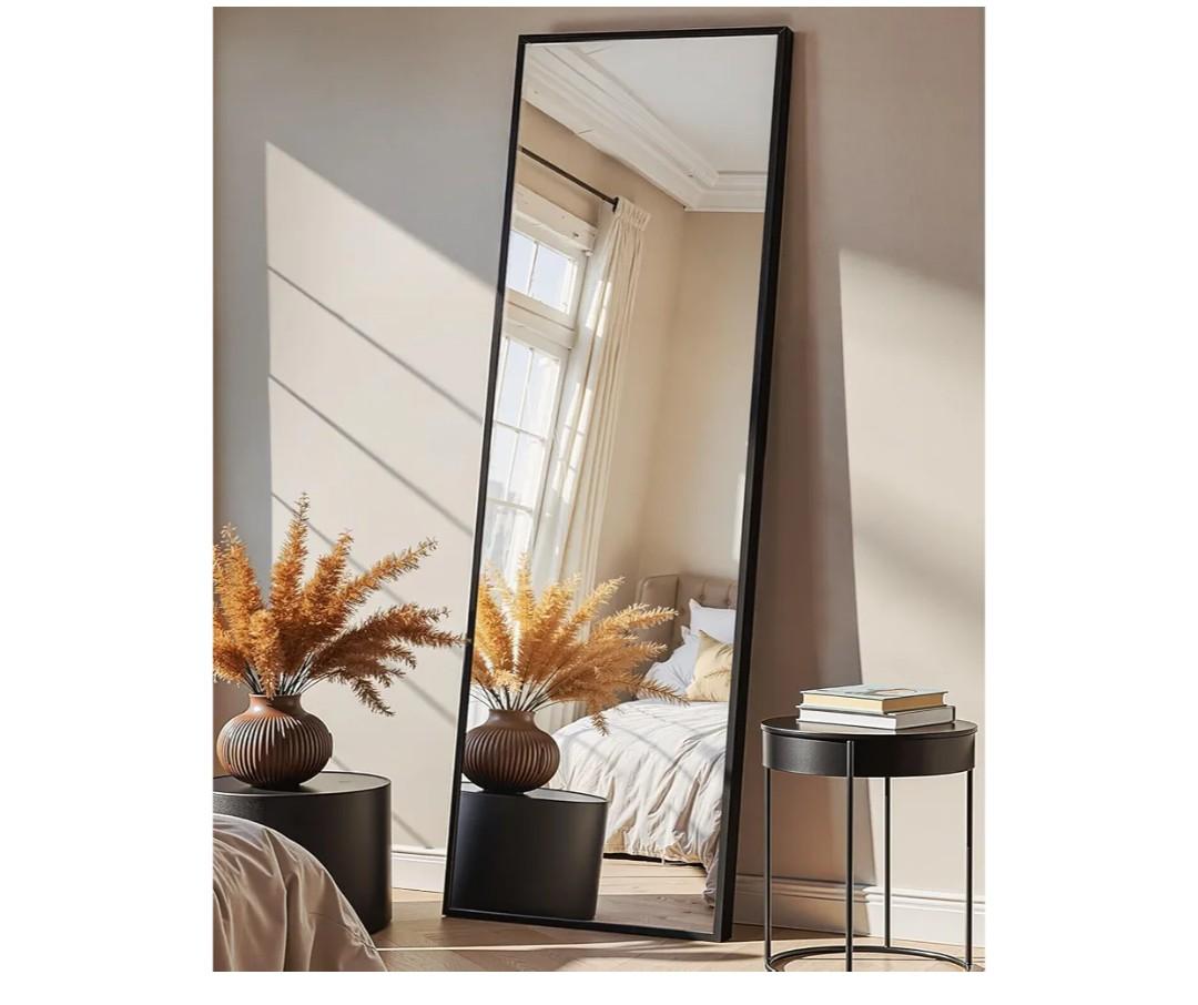 TRAHOME Full Length Floor Mirror 56"x15", Large Standing Body Mirror, BlackBuilt-in Stand, HD Shatterproof Glass, Aluminum Alloy Frame, Wall Mounted or Standing, for Bedroom, Living Room and Bathroom