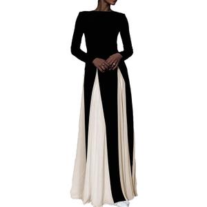 Kwunbwa Wedding Guest Dresses for Women Elegant Long Sleeve Patchwork Pleated Swing Long Dress Formal Maxi Dress (Black, L)