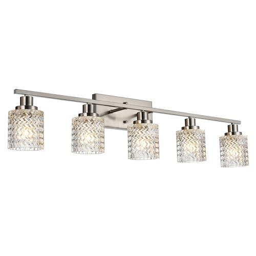 MELUCEE 5 Lights Brushed Nickel Bathroom Light Fixture Modern Light Fixtures Wall Mounted Modern Vanity Lighting with Hammered Glass Shade Suitable for Bathroom Mirror Sink Cabinet