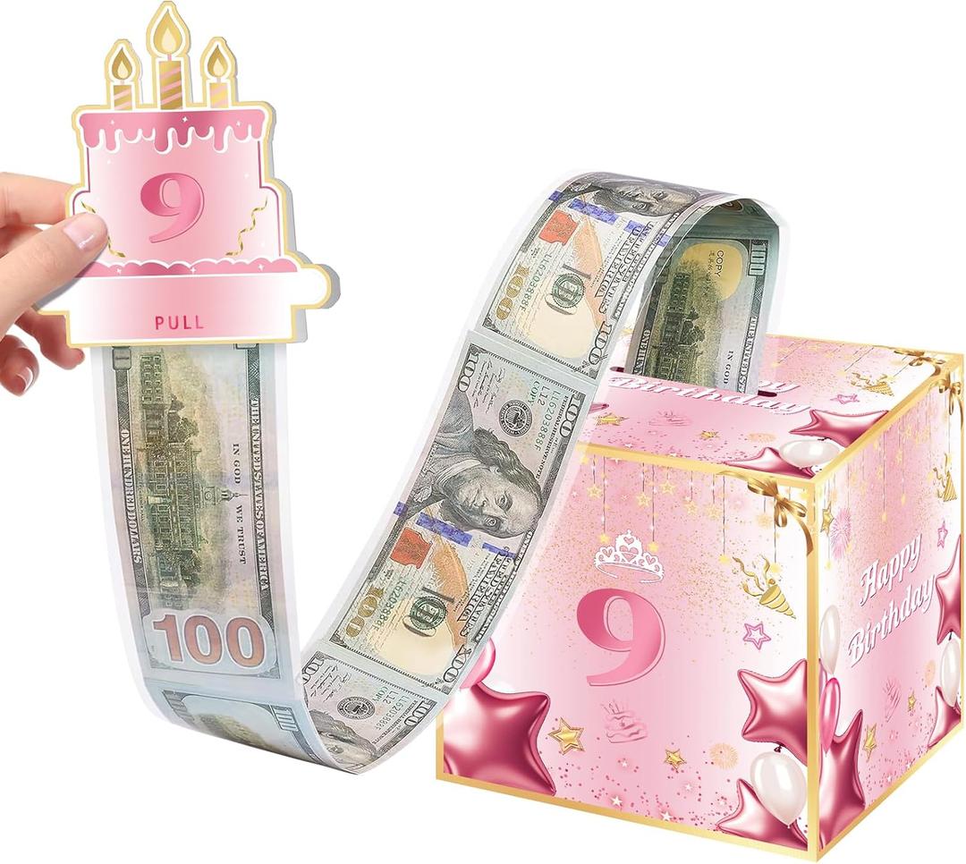 Joycard 9th Birthday Money Box for Girl or Daughter, 9 Years Old Birthday Decorations, Fun Pull-Out Cash Gift Box for Parties, Ideal for 9th Birthday Surprises （with 35PCS Bags）