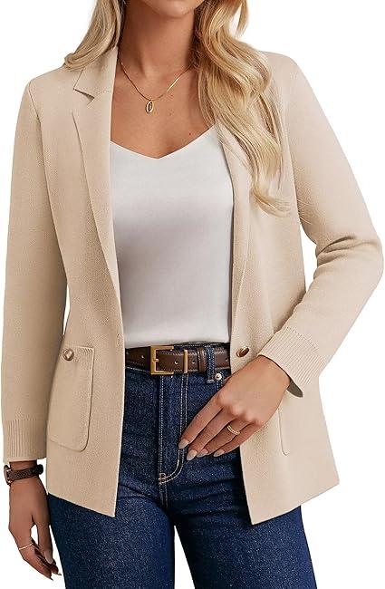 GRACE KARIN Women Sweater Blazers Business Casual Long Sleeve Work Cardigan Open Front Lapel Suit Jackets with Pockets, Apricot Medium