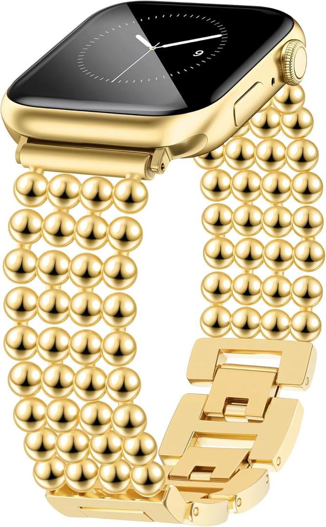 JR.DM Beaded Bracelet Gold Band Women Compatible with Apple Watch 38mm 40mm 41mm 42mm（S11/10）, Adjustable Metal Replacement Strap, Fashion Dressy Wristband for Iwatch SE Series 11/10/9/8/7/6/5/4/3/2/1