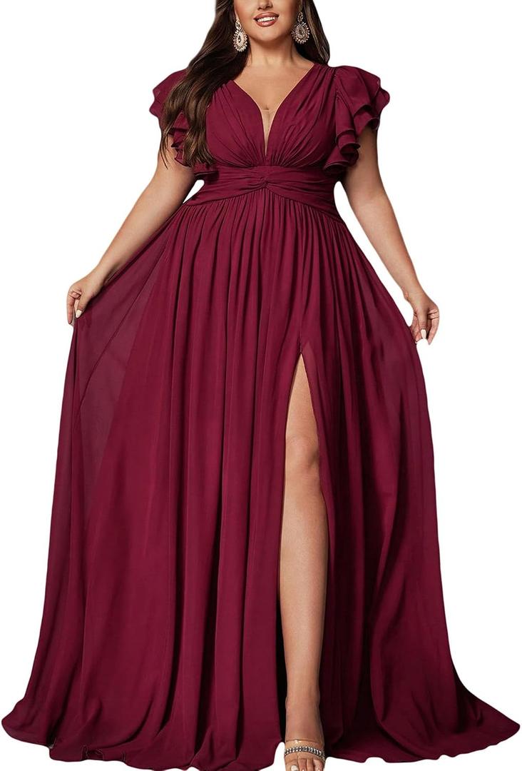 VOUIAO Women's Plus Size Bridesmaid Dresses Chiffon Wedding Guest Summer Maxi Dress Elegant Prom Evening Party Cocktail Gown Burgundy 2XL
