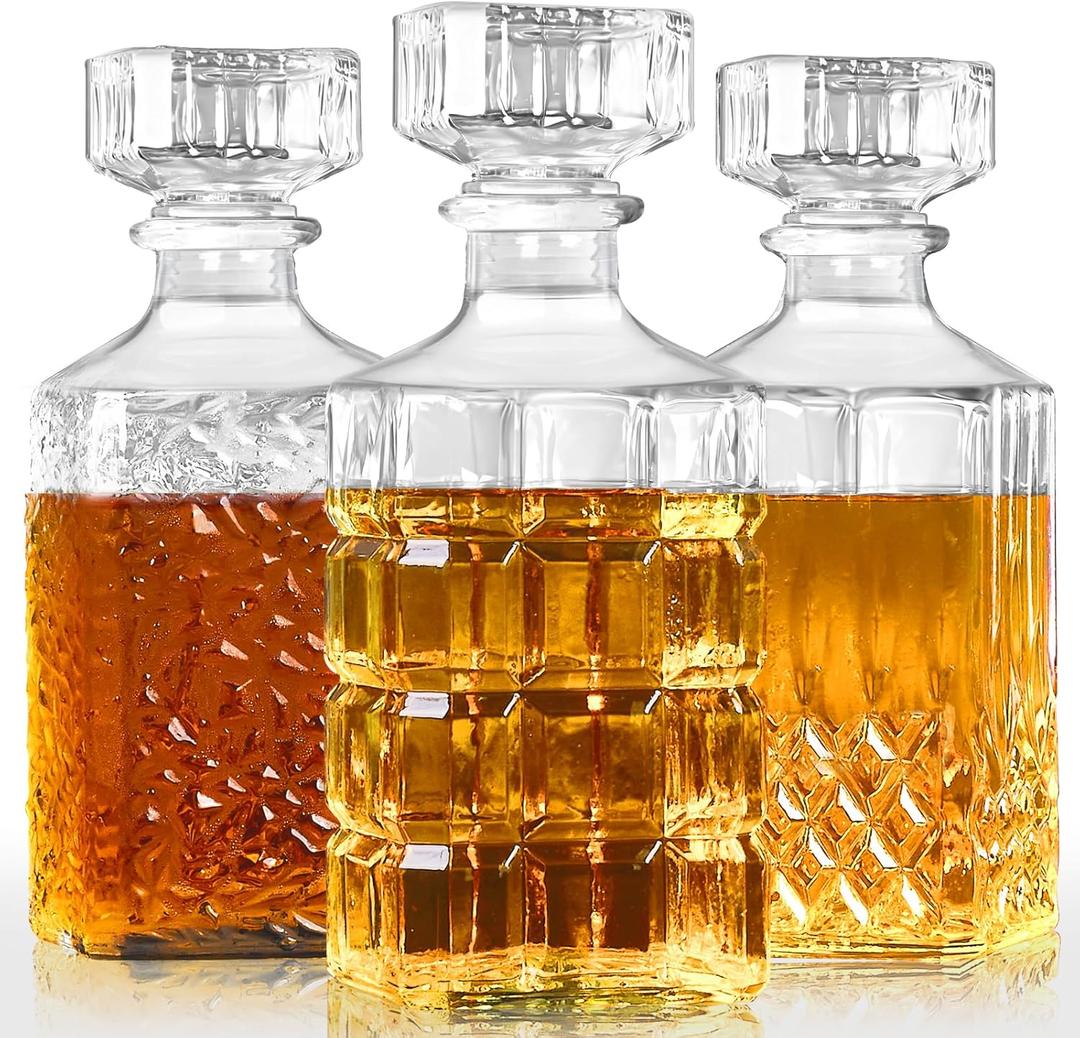 3 Pack Whiskey Decanters, 33.8oz Decanter Set for Men Glass Decanters Creative Presents for Man, Home Bar Decorations (Hyaline)