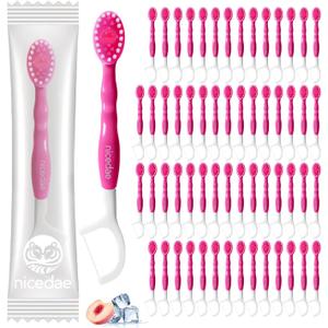 Disposable Mini Travel Toothbrush Bulk with Toothpaste 5in1 60Ct Portable Toothbrushes Set Floss Pick Tongue Scraper Cruise and Travel Essentials (Pink)