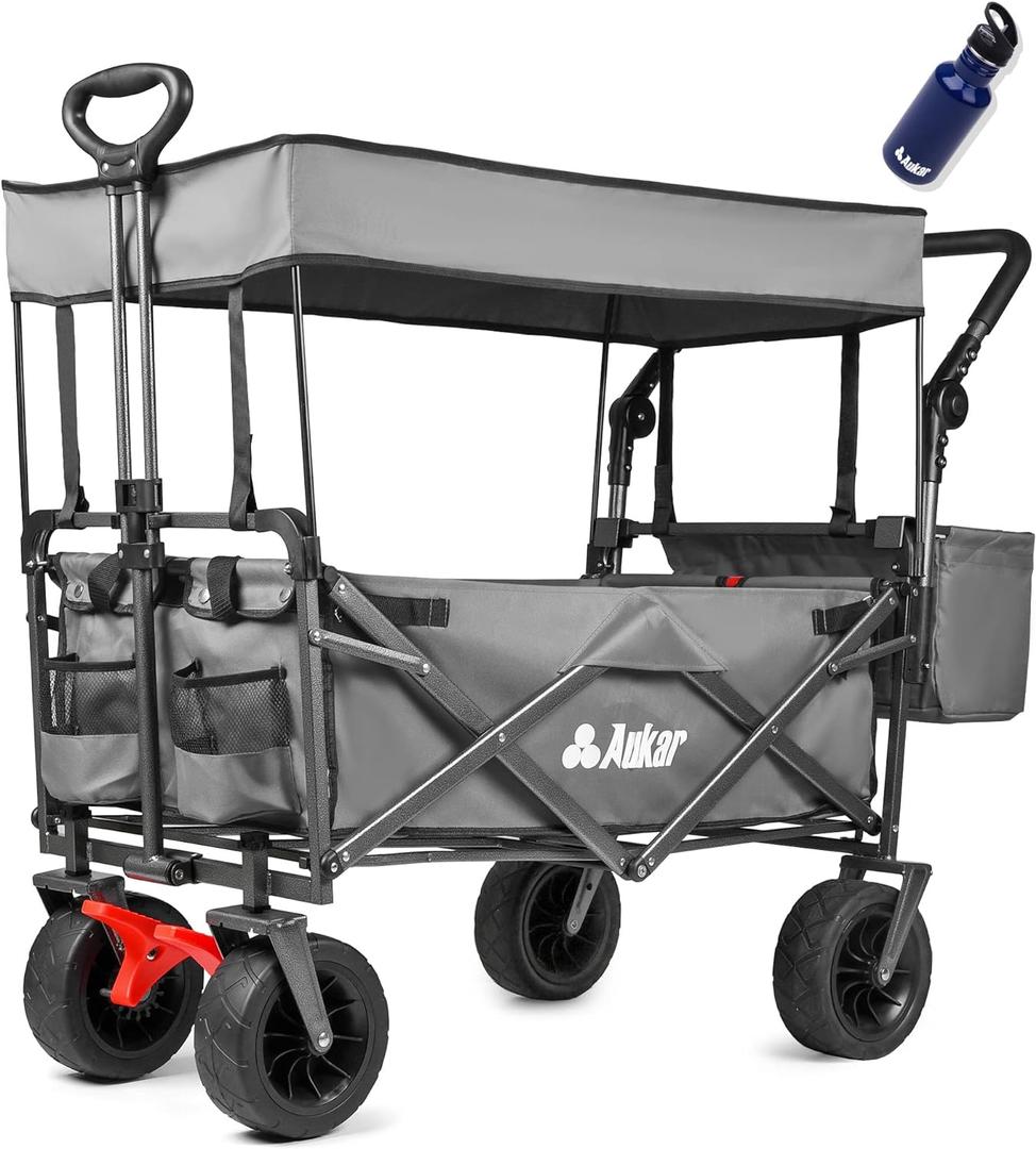 Collapsible Canopy Wagon - Heavy Duty Utility Outdoor Foldable Garden Cart - with Adjustable Push Pulling Handles,Big Wheels for Sand, for Shopping, Picnic, Camping, Sports - Grey (Gray)