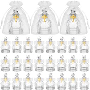 Holy Water Bottles Catholic Bulk Glass Baptism Favors for Guests Christian Water Container with Cross Organza Bags Bow for Holy Communion Gifts Church Wedding Baptism (24, Pure White)