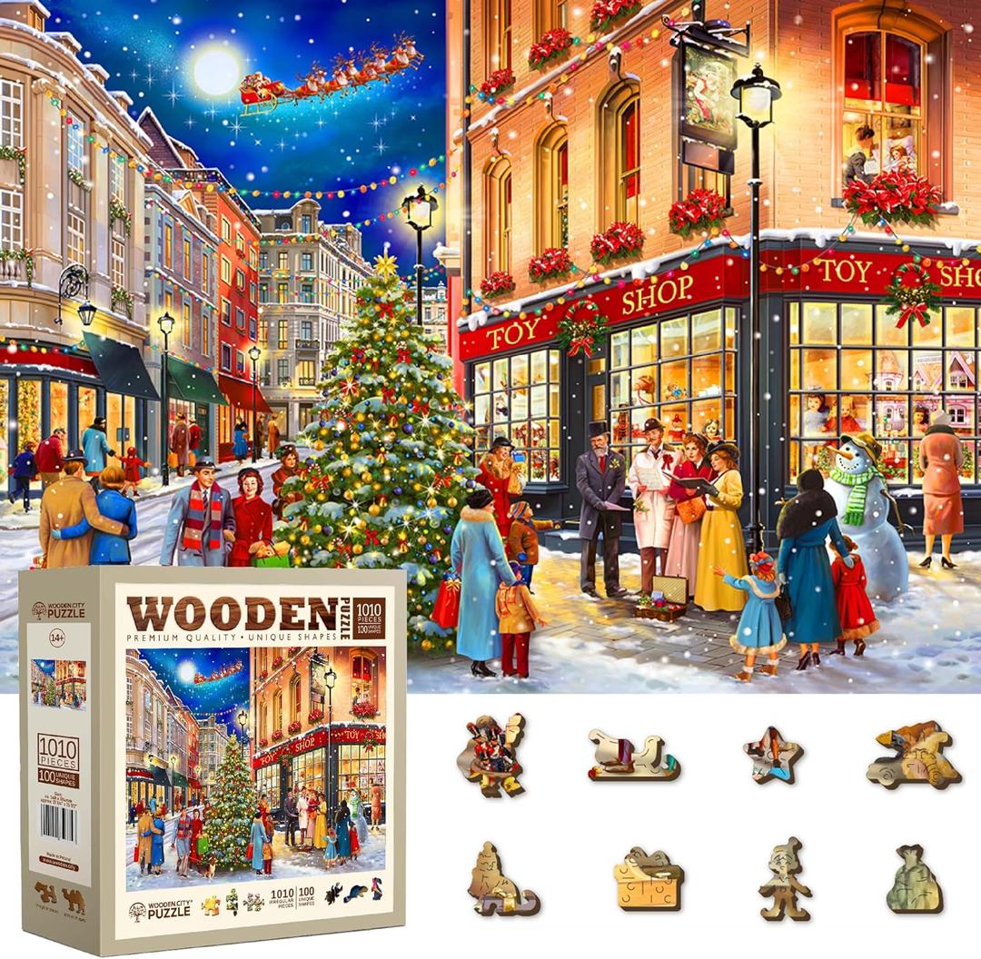 WOODEN.CITY 1000 Piece Wooden Jigsaw Puzzle Christmas Evening - Advanced Winter Jigsaw Puzzles for Adults - Xmas Scene Wood Puzzles with Unique Christmas Pieces & Unusual Shapes - 21,25 x 15,5 in