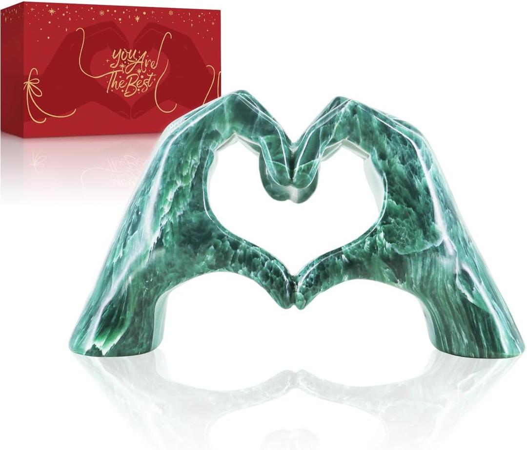 Heart Hands Sculpture Green Decor for Living Room Bedroom Apartment Bookshelf Table, Aesthetic Marble Statues Morden Accents Decorations, Knick Knacks Home Decor for Shelves