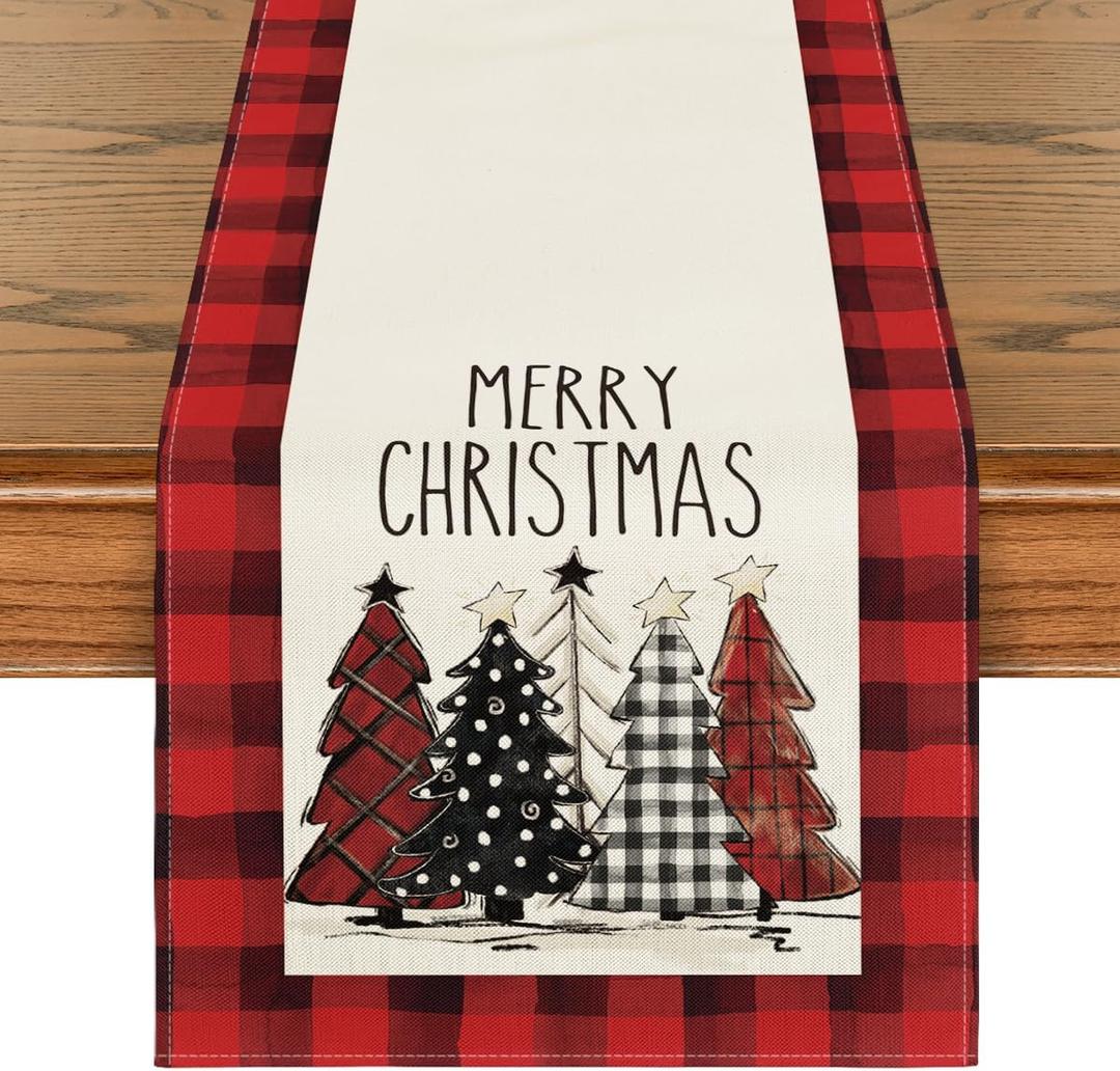 Artoid Mode Watercolor Red and Black Buffalo Plaid Christmas Trees Merry Xmas Table Runner, Seasonal Winter Holiday Kitchen Dining Table Decoration for Indoor Outdoor Home Party Decor 13 x 48 Inch