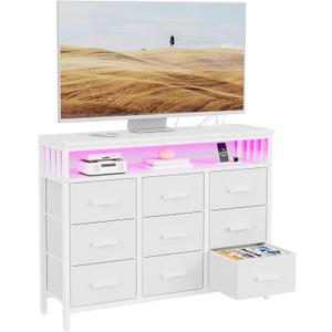 9 Drawer Dresser TV Stand with LED Lights & Power Outlets, Entertainment Center with Open Shelf, Media Console for 50 TV, Large Storage Dresser for Bedroom (White)