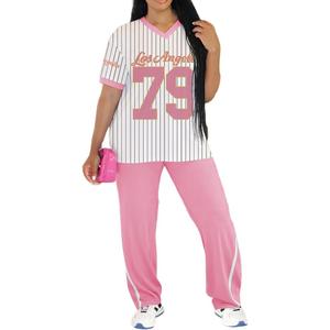 PINSV 2 Piece Sets for Women Summer Casual Outfits Jersey Shirts and High Waisted Pants Sets (Pink, S)