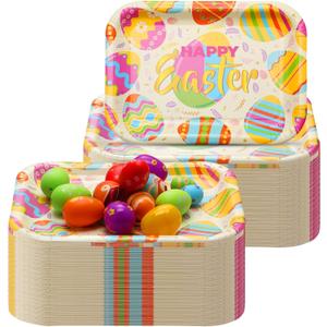2 x Ziliny 24 Pcs Easter Paper Platters 13" x 9" Disposable Serving Trays, Large Rectangular Easter Egg Paper Plates for Cookies Cake Dessert, Happy Party Tableware Supplies