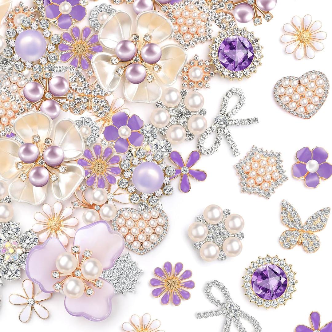 Giegxin 48 Pcs Rhinestone Buttons for Crafts Faux Pearl Embellishments Button Butterfly Flower Vintage Brooch for Wedding Decorations Jewelry Making DIY Clothes Bags Shoes Supplies(Purple)