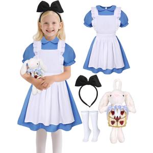 2 x Girls Halloween Costume Kids Blue Dress White Apron with Plush Rabbit Bow Hair Band Socks (7-9year)