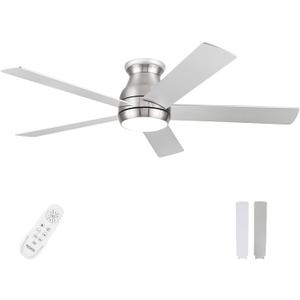 52 Inch Low Profile Ceiling Fans With Lights and Remote brushed nickel, Flush Mount Modern Ceiling Fan, 3CCT Dimmable DC Ceiling Fan for Bedroom, Living Room (Brushed Nickel, 52 Inch)