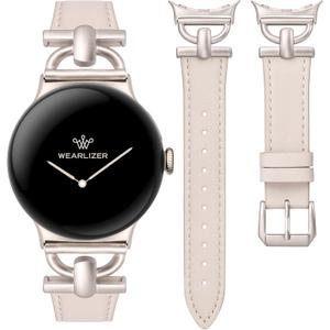 Wearlizer Leather Bands Compatible with Google Pixel Watch 4/3 41mm/Pixel Watch 2/1 Band Women, Dressy Designer Slim Leather Strap with D-Shape Metal Buckle for Pixel Smartwatch Accessories (Starlight/Starlight)