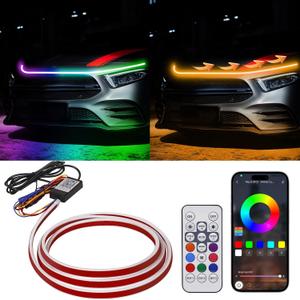 71 Inches RGB Multicolor Dynamic Scanning Starter Hood Lights, Car LED Hood Light Strip, Exterior Flexible Headlight Waterproof Daytime Running Lamps Strips (1 Set)