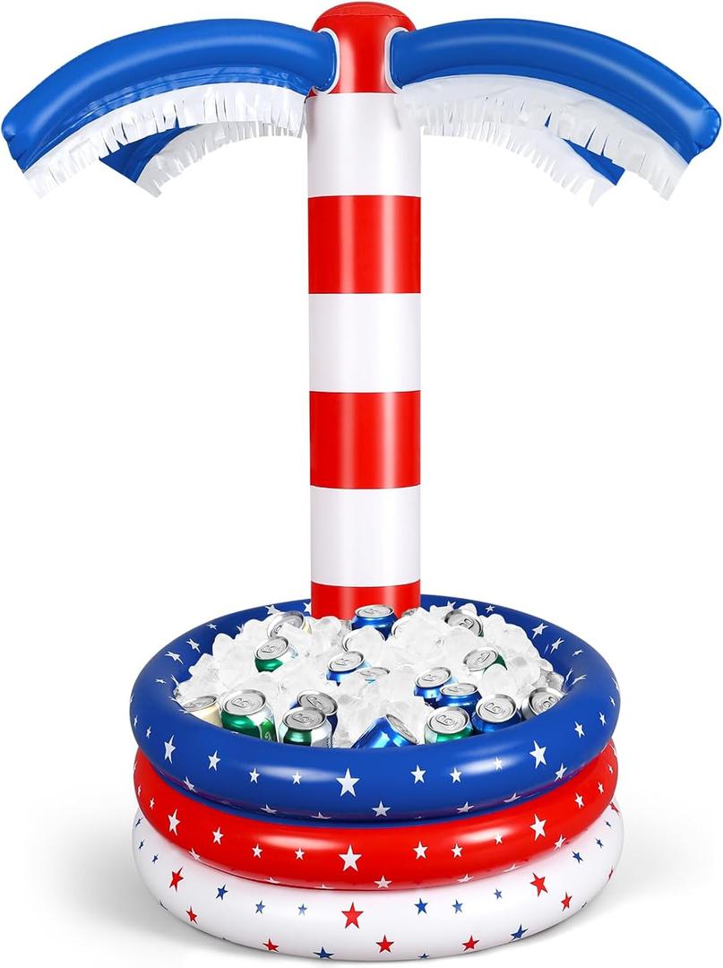 4th of July Inflatable Palm Tree Cooler 60'' Patriotic Pool Party Drink Cooler American Flag Beach Party Decor Hawaiian Luau Ice Serving Bar Tray for Food Summer Outdoor Independence Day Supplies