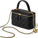 DORIS&JACKY Small Quilted Box Crossbody Purse For Women Designer Leather Mini Top Handle Pouch Bag With Metal Chain Strap (1-black)