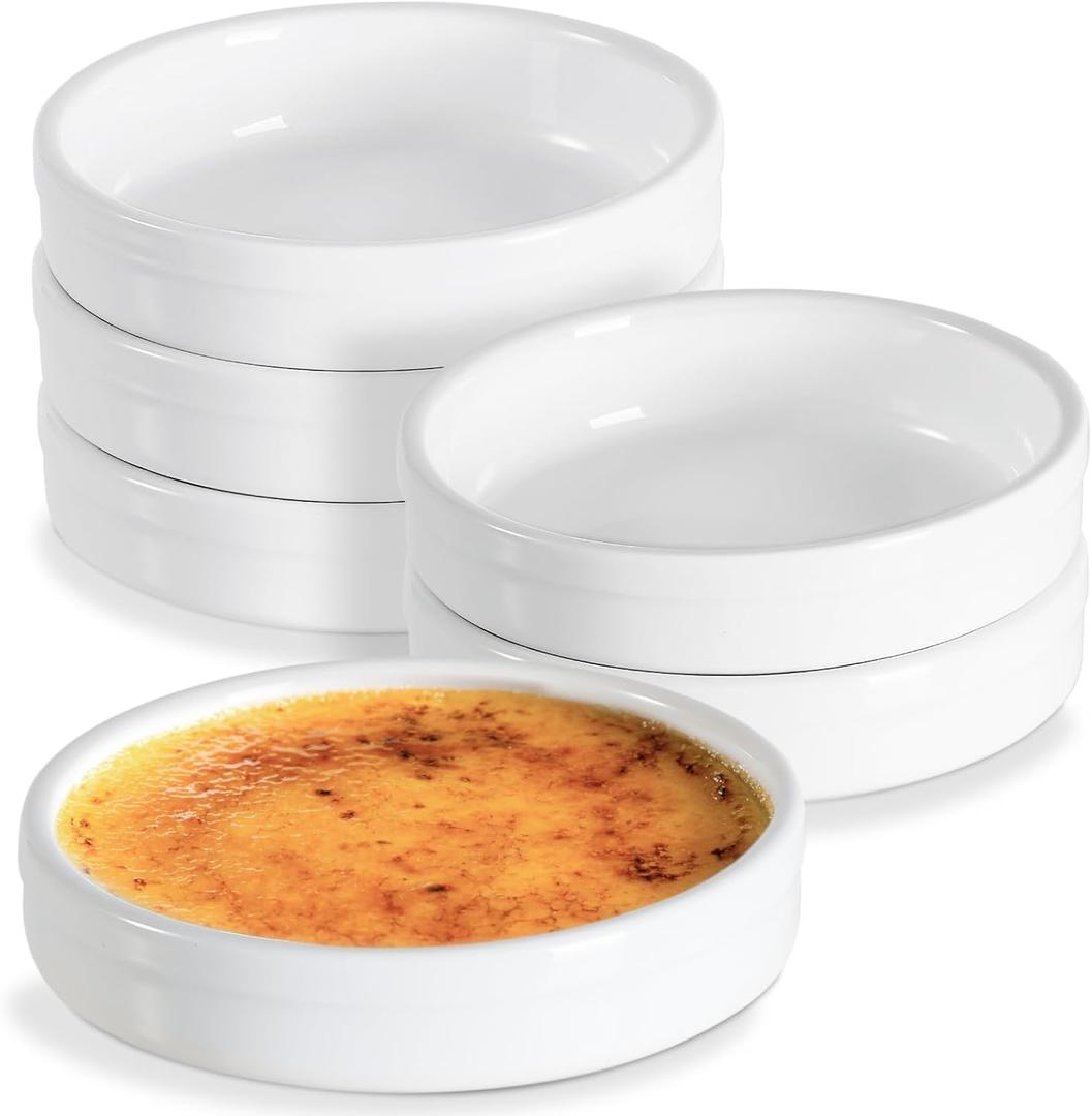 ONEMORE Ramekins 4 oz, Creme Brulee Ramekins Oven Safe Ceramic Shallow Souffle Dishes for Baking Custard, Mini Pies, Puddings and Dipping Sauces 4.5 inch White Mini Round Quiche Pans Set of 6