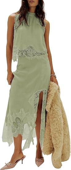 Women Satin 2 Piece Maxi Skirt Set Lace Trim Backless Tank Top Silk Slip Long Skirt Asymmetrical Outfits, Small