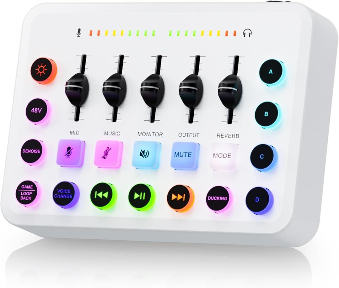 F11 Gaming Audio Mixer, RGB Gamer Set Voice Changer Soundboard, Live Sound Card Audio Inferface for PS5 PC Mobile Streaming Video Content Creation, 3.5mm/XLR Mic Input, 48V Phantom Power, Loopback