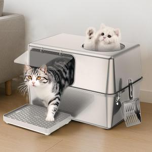 Stainless Steel Litter Box with Lid, Enclosed Metal with High Sides, Large Cat Litter Box, Dog-Proof, Odor Control, Easy to Clean,Durable with Round Edge (Lateral Entry) 23.6"15.7"15.7"
