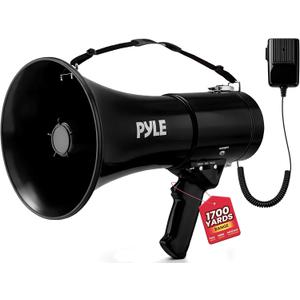 PYLE 50W Megaphone Speaker PA Bullhorn - Built-in Siren, Adjustable Volume Control, 35mm Aux Input, 1554 Meters Range, Perfect for Sports Events, Emergency Drills, and Outdoor Activities, Black