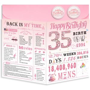 6 x 35th Birthday Card for Women, 35th Birthday Decoration, Sweet Funny 35 Year Old Birthday Gifts Idea, Greeting Cards for Wife Mother Aunt Daughter Friend Sister Mon Her, Jumbo Back In 1991 Pink