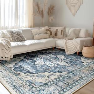 BESTSWEETIE Blue Vintage Area Rug, 9x12 Chenille, Machine Made, Washable, Indoor, Floral Pattern, Living Room