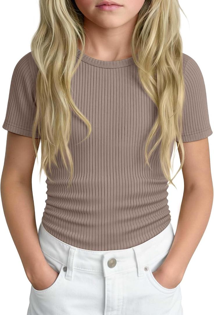 Girls' Shirt Short Sleeve Basic Top Tween Summer Ribbed T-Shirt Teen Cute Fitted Soft Tee for Kids Aged 5-14