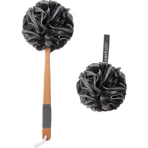 AmazerBath Shower Sponge Loofah Back Scrubber, PE Soft Mesh Loofah Body Scrubber with Long Wooden Handle, Bath Sponge for Men Women (Black)
